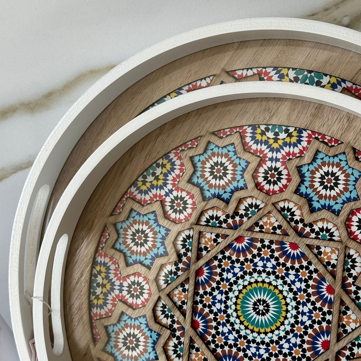 Round Decorative Wooden Serving Tray Set