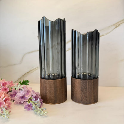 Wave-Edge & Wooden Base - Smoky Glass Vase Collection
