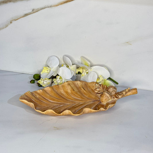 Rustic Leaf Ceramic Tray With Acorn & Pinecone Detail