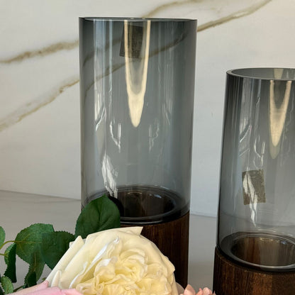 Smoky Glass Vase Collection With Decorative Wooden Base