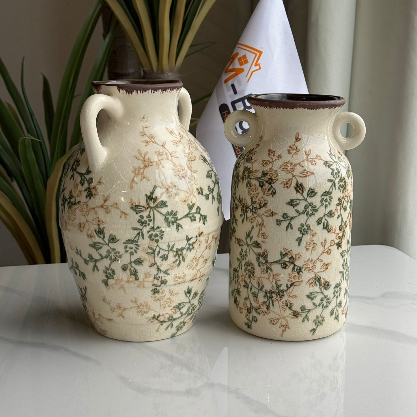 Vintage Floral Ceramic Vase with Dual Handles