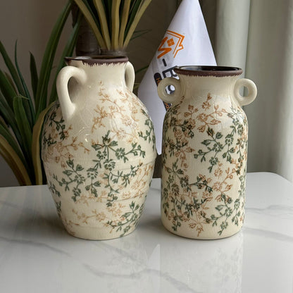 Vintage Floral Ceramic Vase with Dual Handles