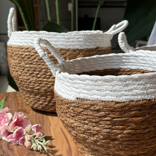 Two-Tone Seagrass Baskets with Handles - Set Of 3