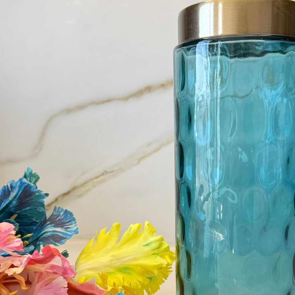 Aqua Embossed Glass Vase With Metal Top