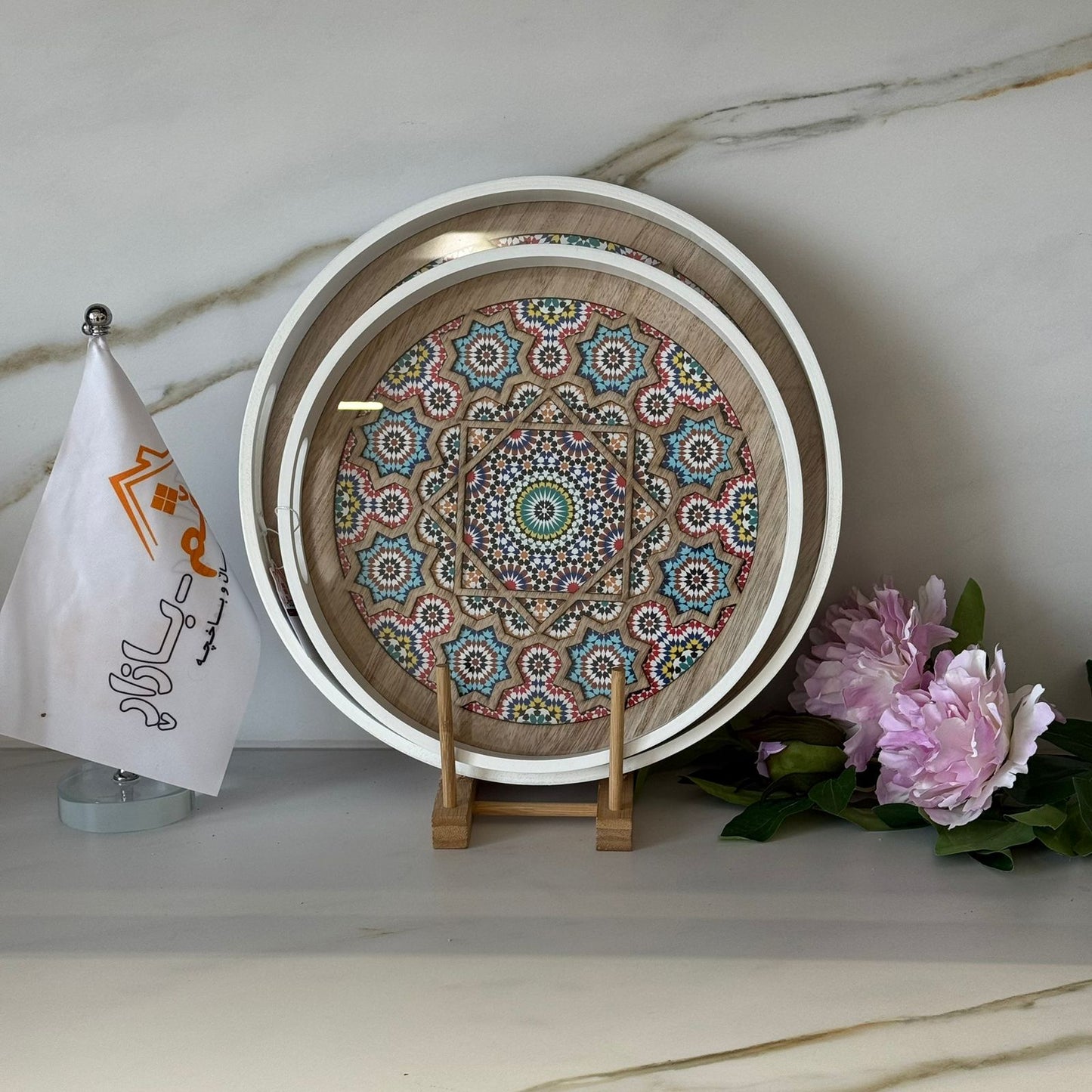 Round Decorative Wooden Serving Tray Set