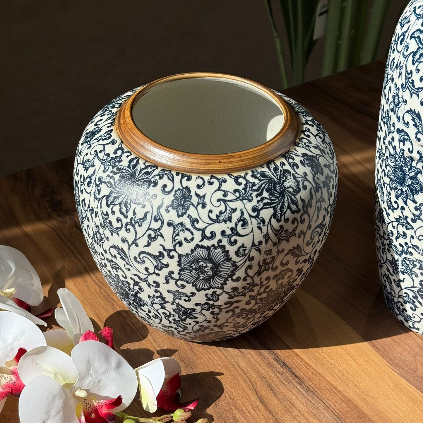 Elegant Blue Vases With Floral Motif And Orchid Touch