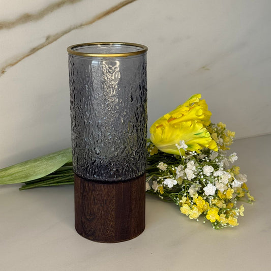 Textured Smoke Glass & Wood Accent Vase