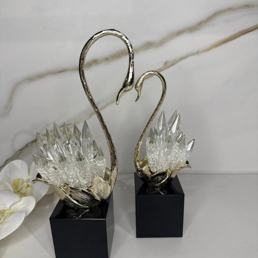 Elegant Crystal-Tail Swan Figurine - Set Of 2