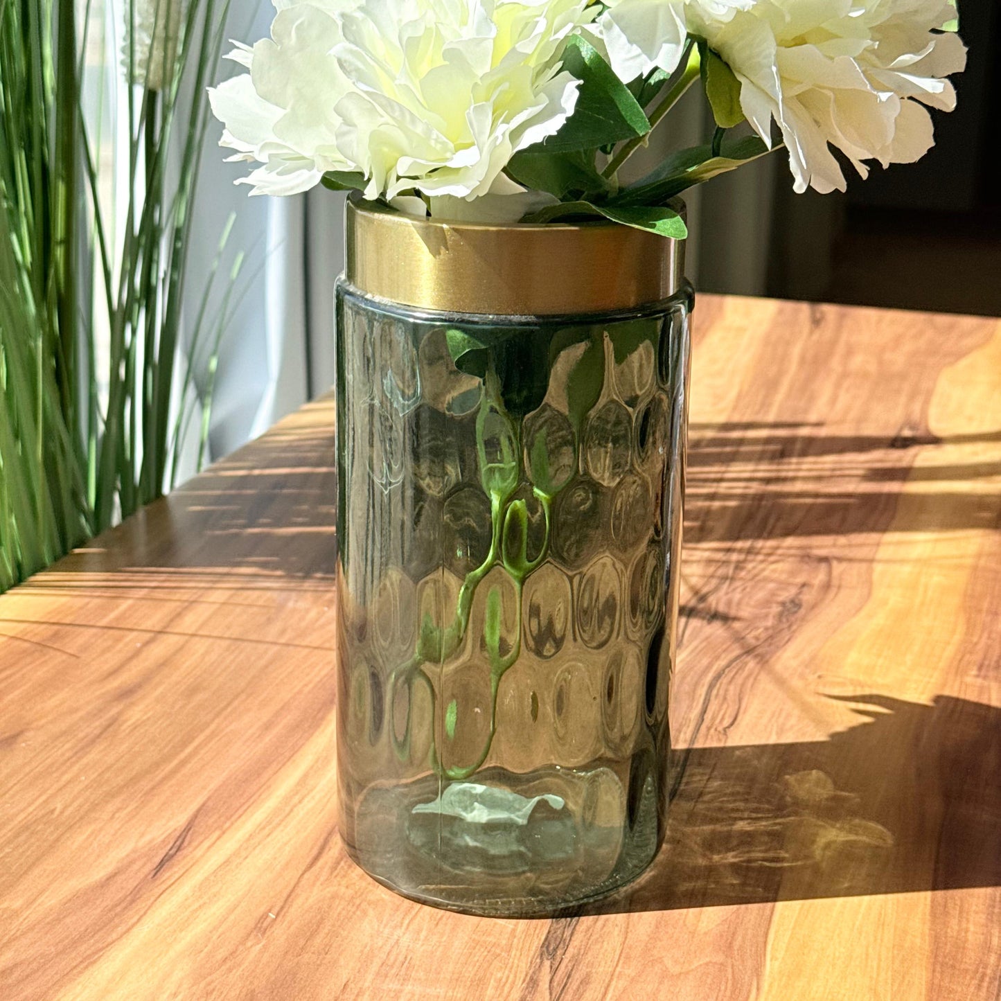 Aqua Embossed Glass Vase With Metal Top