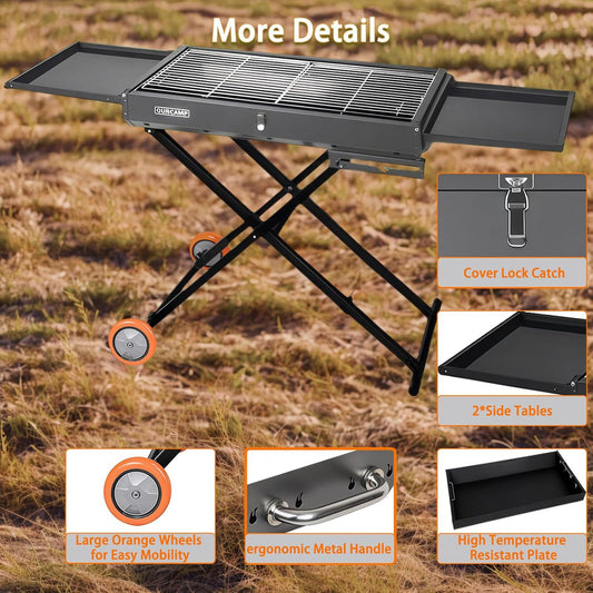 Foldable Charcoal BBQ Grill with Side Trays & Wheels