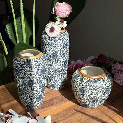 Elegant Blue Vases With Floral Motif And Orchid Touch