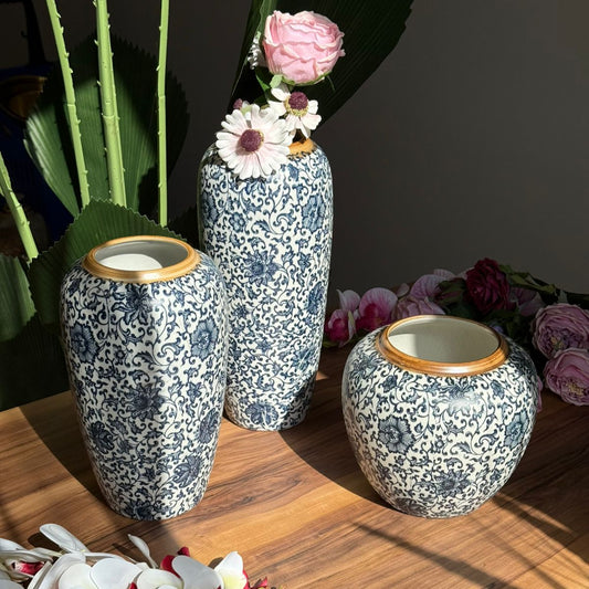 Elegant Blue Vases With Floral Motif And Orchid Touch