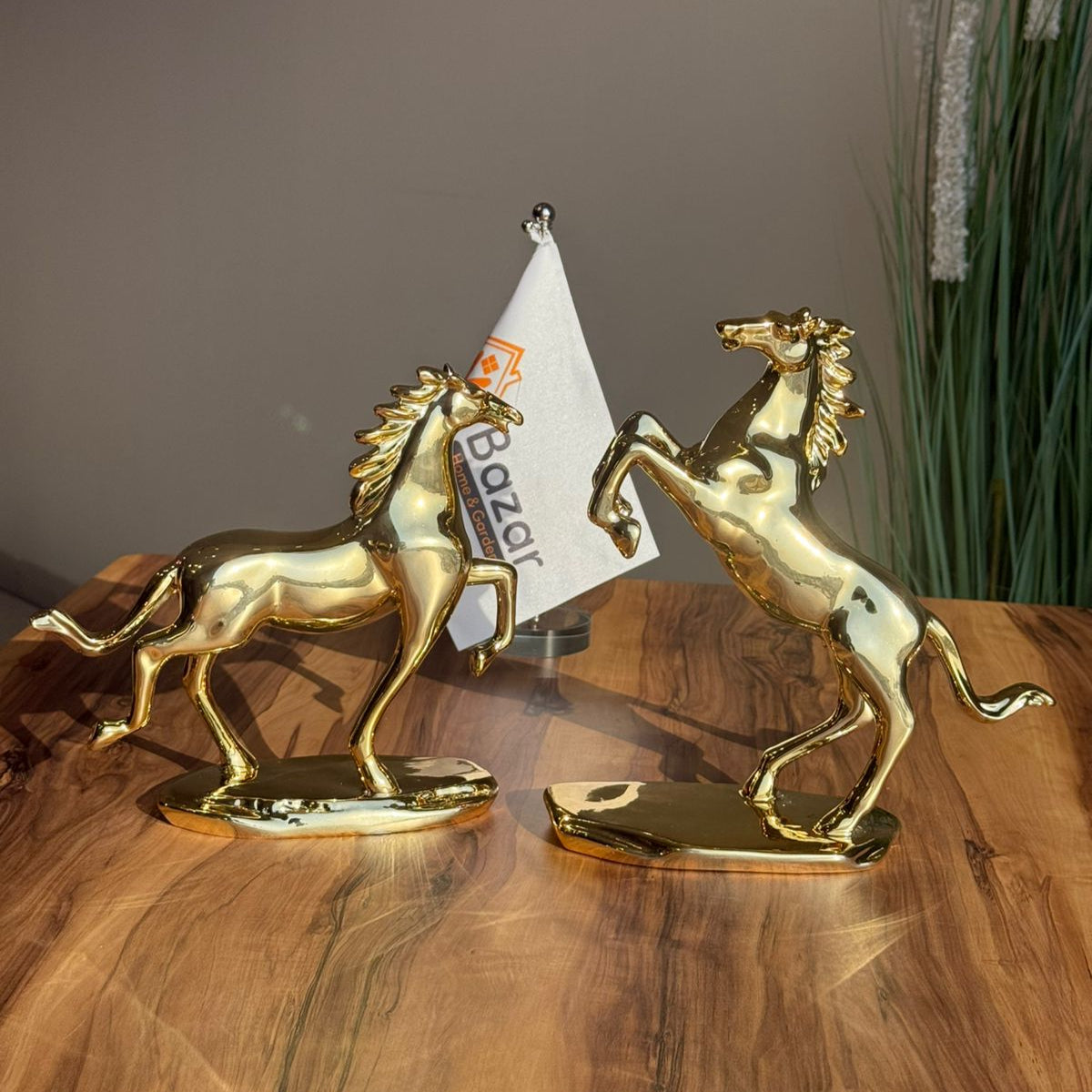 Golden Ceramic Horse Figurine on Pedestal