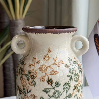 Vintage Floral Ceramic Vase with Dual Handles