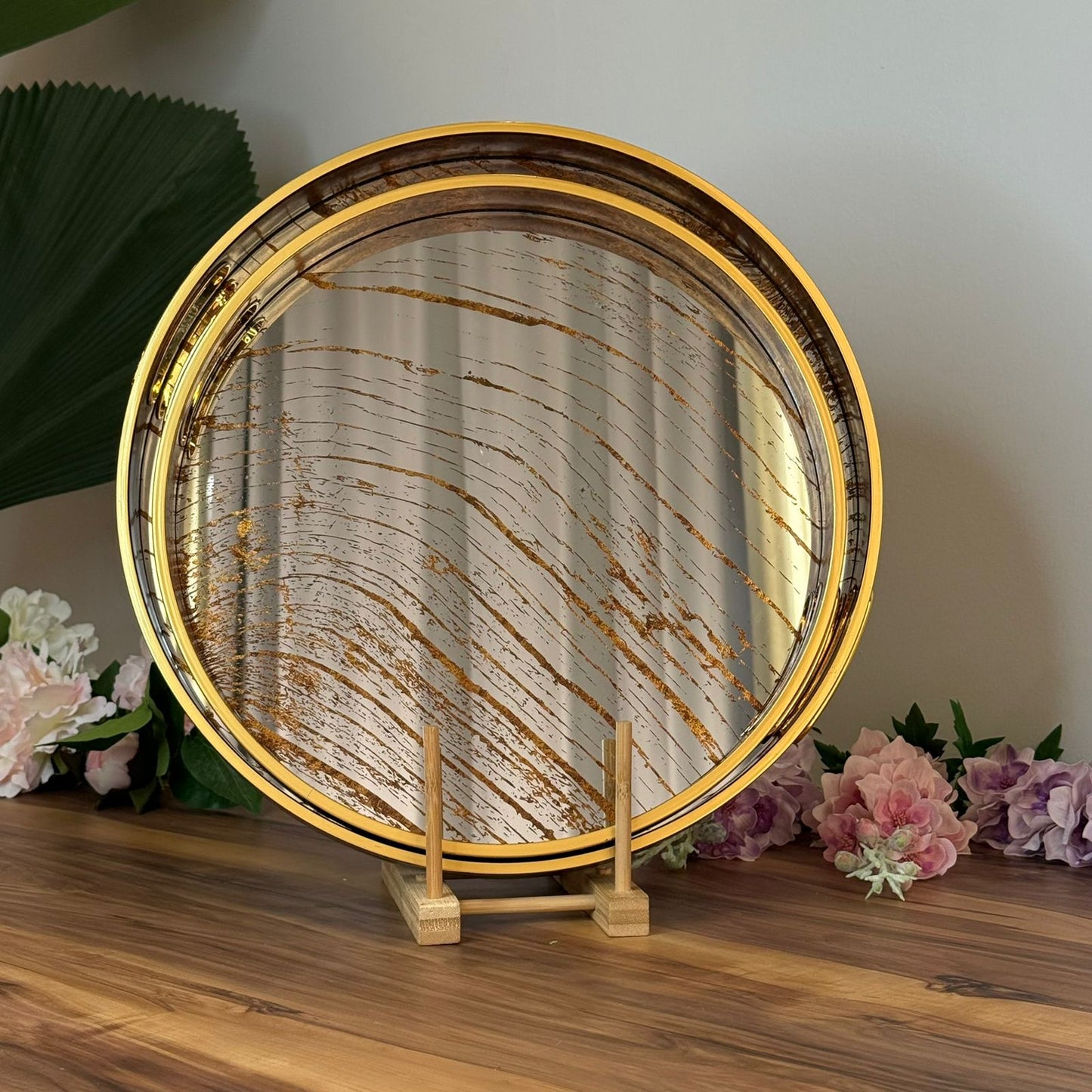Golden Wave Round Mirror Serving & Decorative Tray