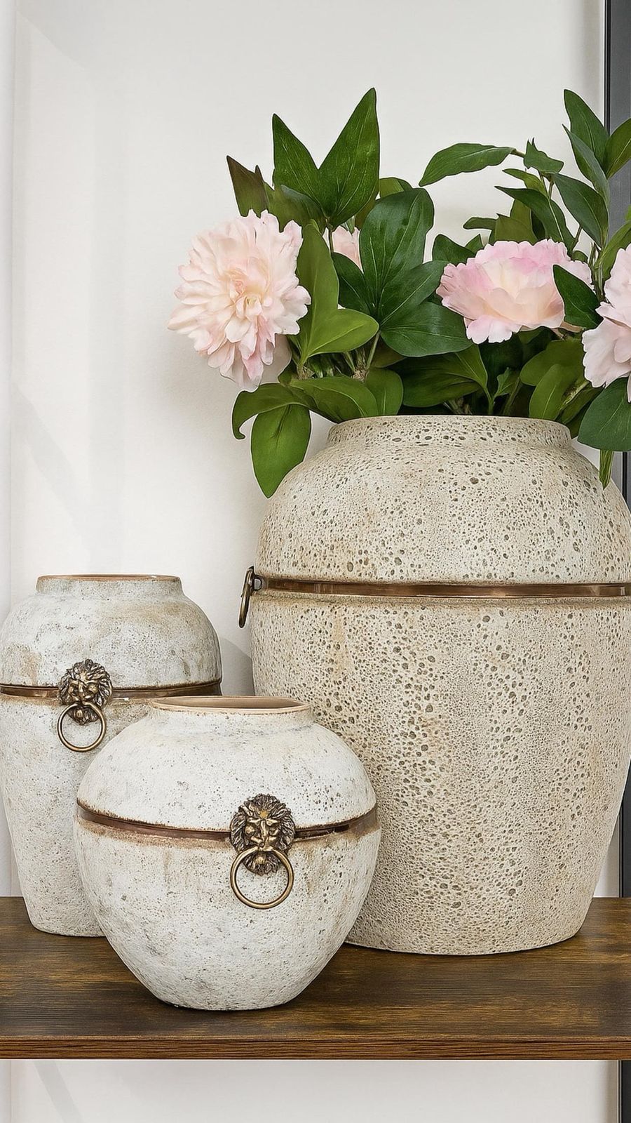 Luxury Ceramic Vases With Bronze Lion Ring Detail