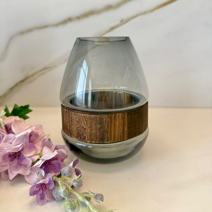 Smoky Teardrop Glass Vase With Decorative Wood Band