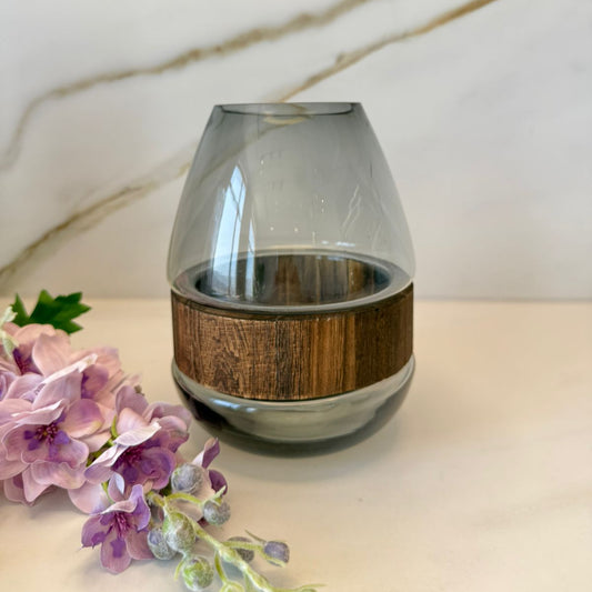 Smoky Teardrop Glass Vase With Decorative Wood Band