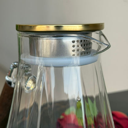 Elegant Diamond-Pattern Glass Pitcher with Wooden Handle