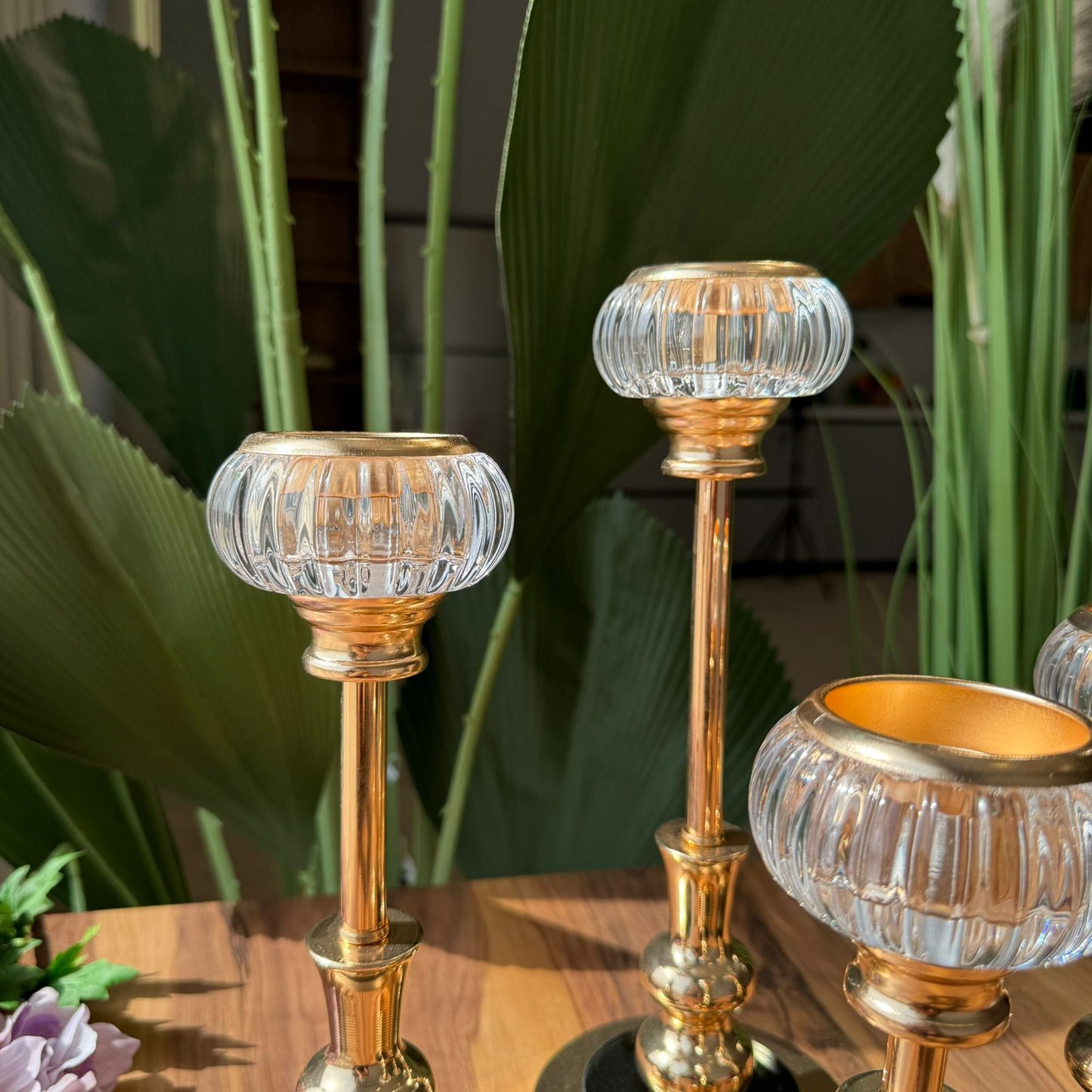 Royal Glow Glass & Gold Candle Holders Set