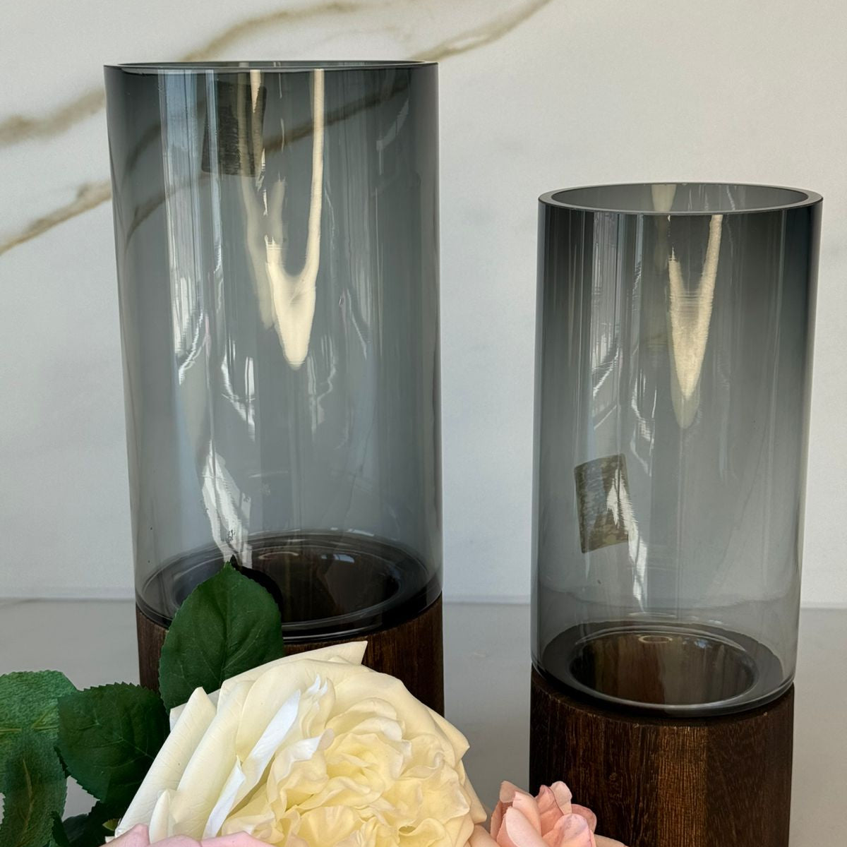 Smoky Glass Vase Collection With Decorative Wooden Base