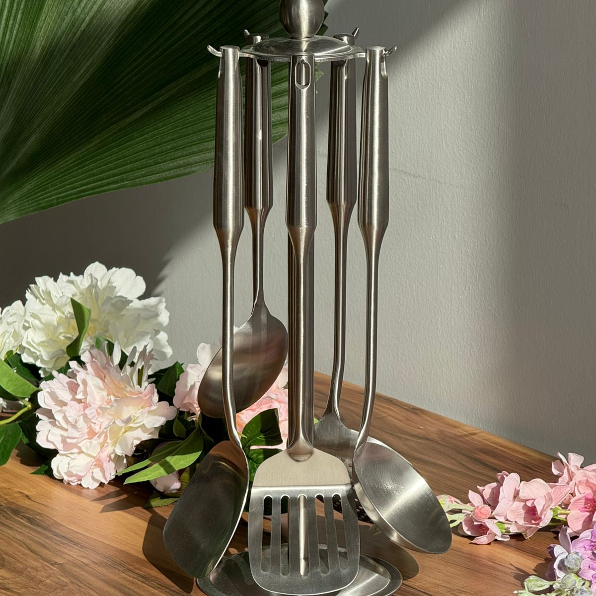 Elegant Gold Stainless Steel Cooking Utensil Set With Stand