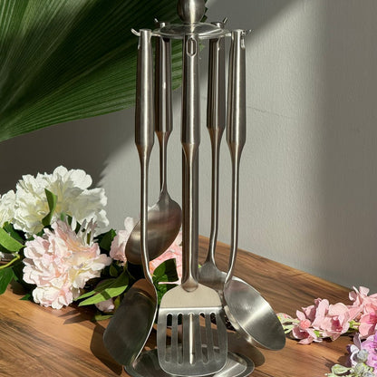 Elegant Gold Stainless Steel Cooking Utensil Set With Stand
