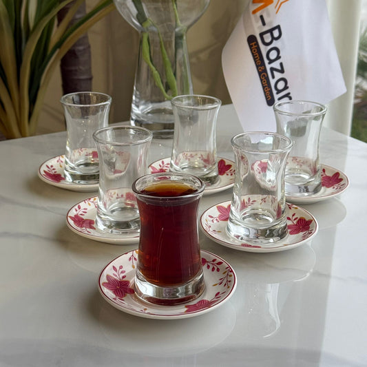 طقم أكواب شاي زجاجية مزدوجة الجدار مع صحون مزخرفة بنقوش زهرية