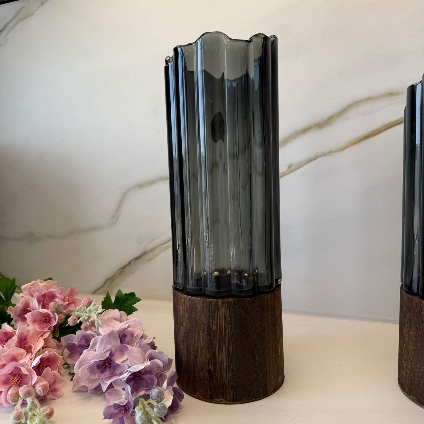 Wave-Edge & Wooden Base - Smoky Glass Vase Collection