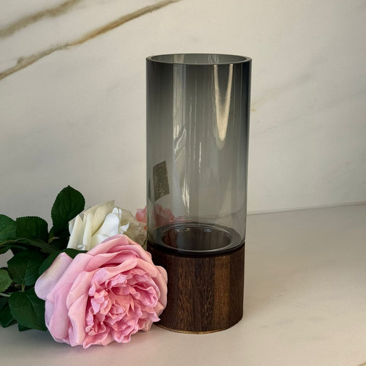 Smoky Glass Vase Collection With Decorative Wooden Base