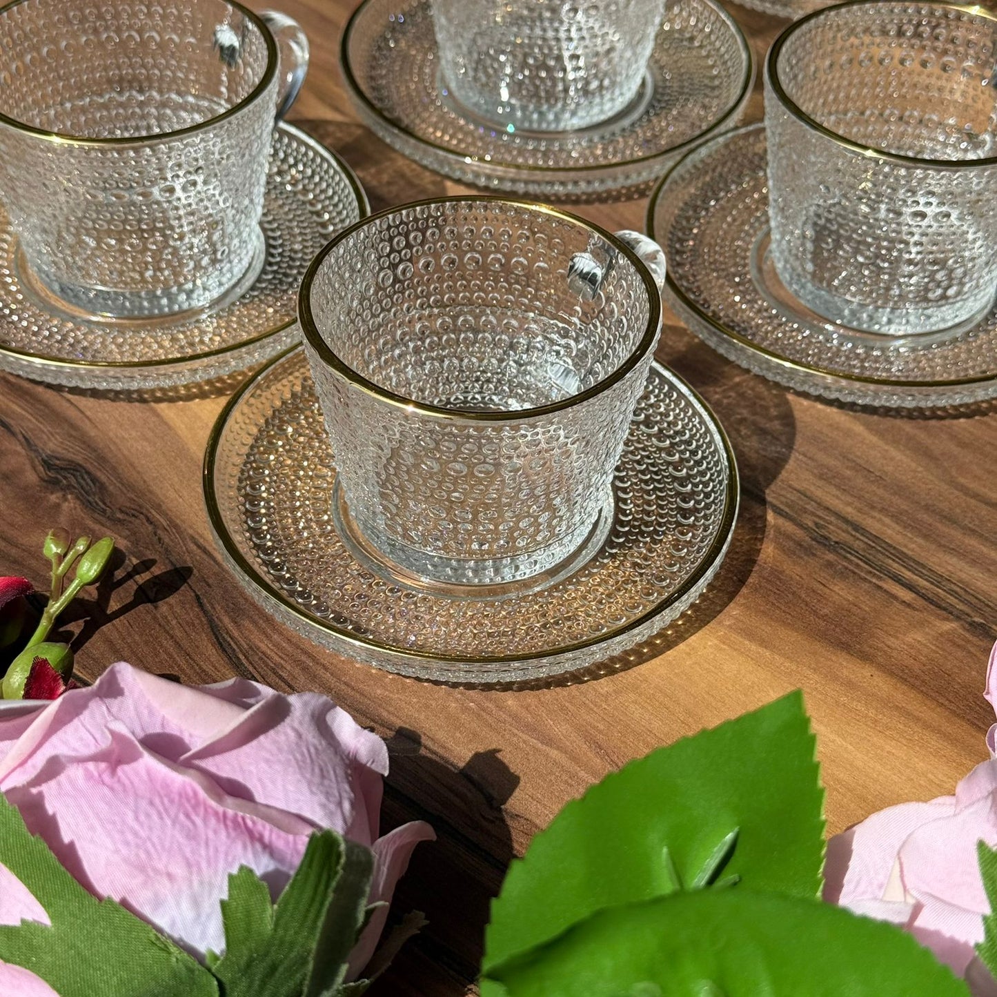 Golden Rim Textured Glass Teacup Set