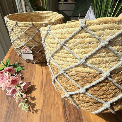 Woven Planter Baskets With Macrame Netting