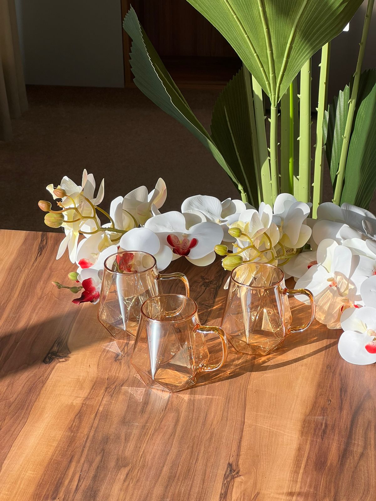 Transparent Bronze Diamond Pattern Glass Mug - Set Of 6