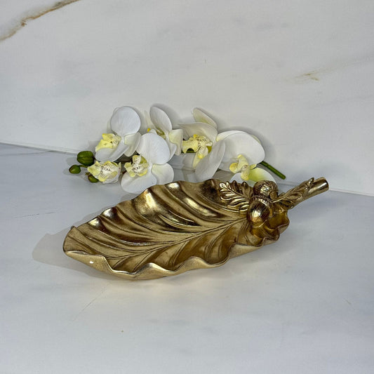 Rustic Leaf Ceramic Tray With Acorn & Pinecone Detail