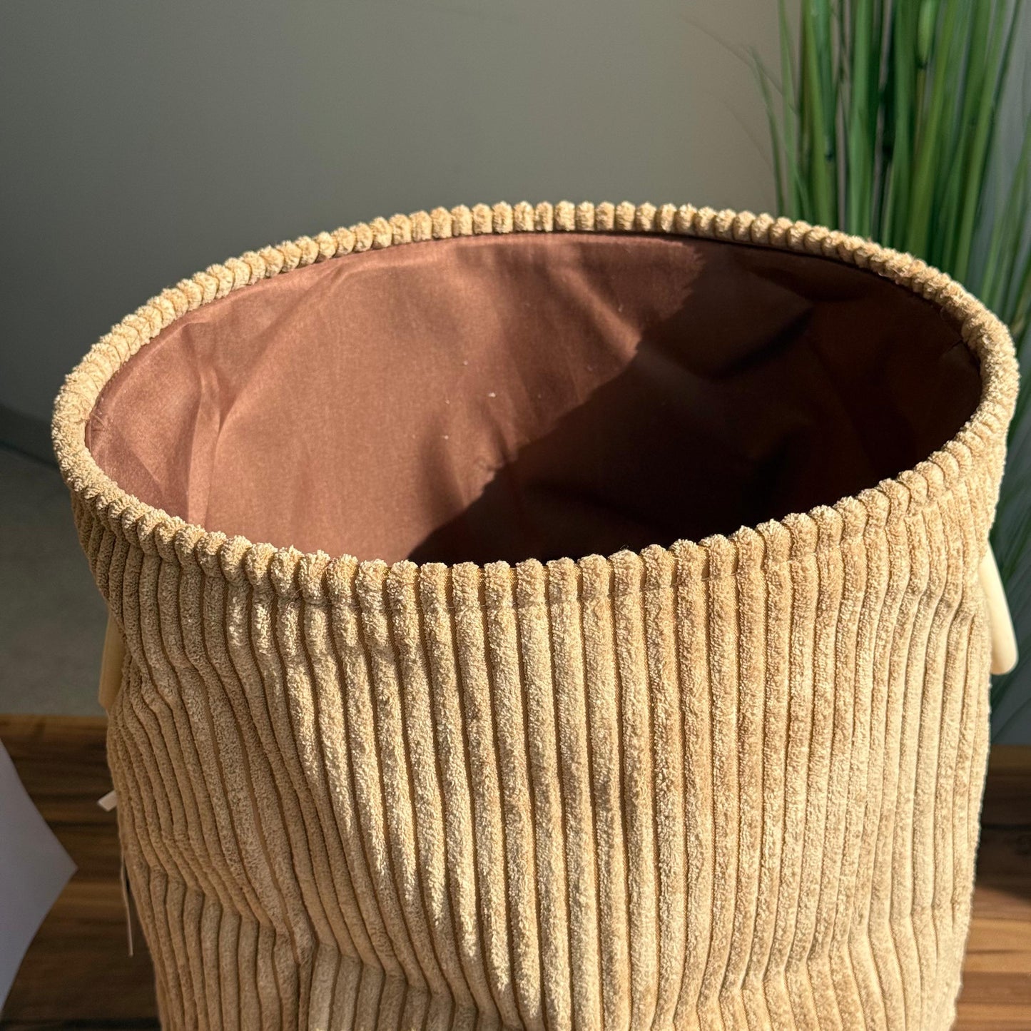 Corduroy Storage Basket with Wooden Ring Handles