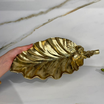 Rustic Leaf Ceramic Tray With Acorn & Pinecone Detail