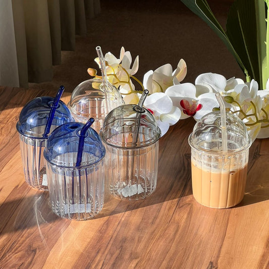 Trasparent Iced Coffee Glass with Bubble Lid and Strew
