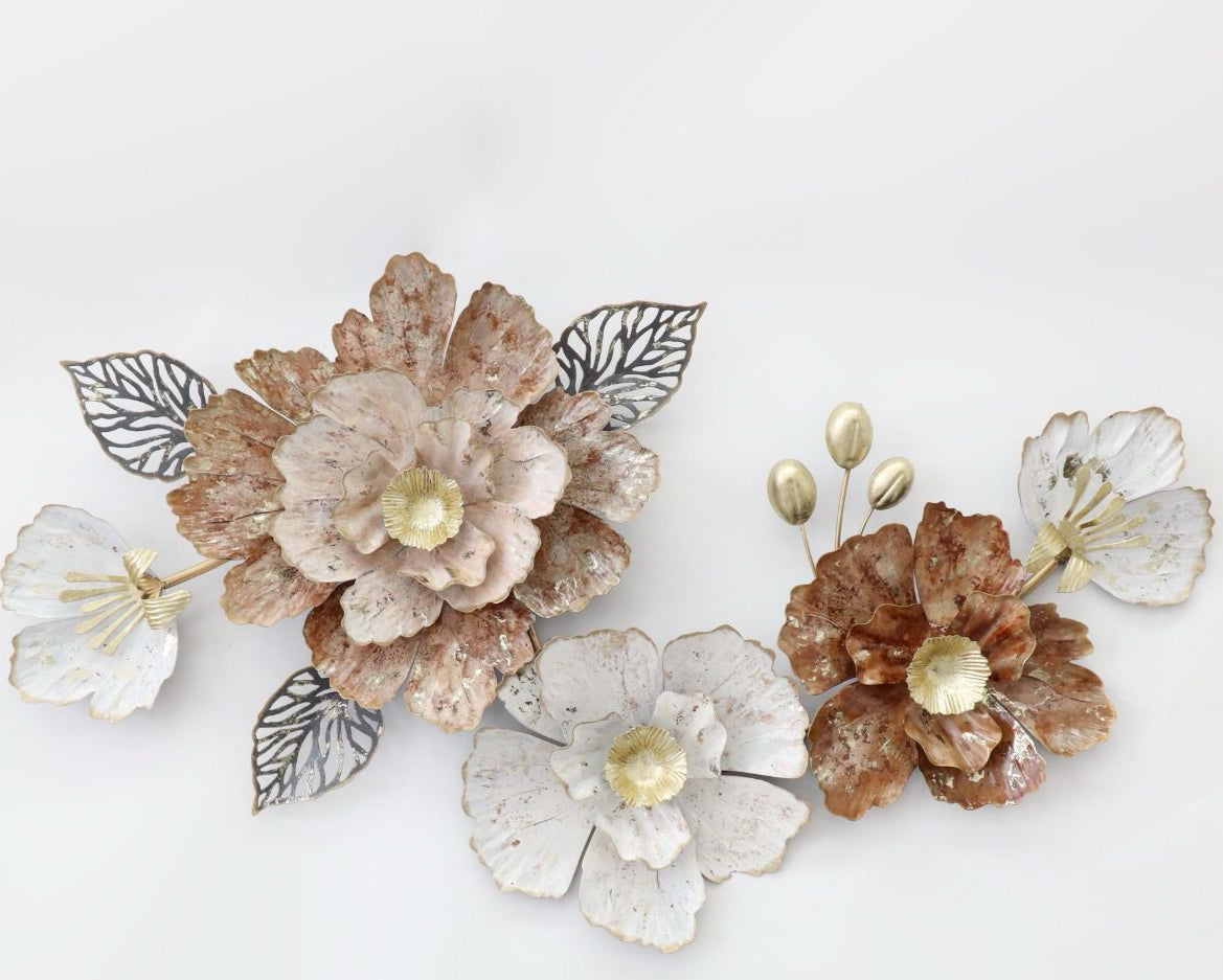 Metal Brown & White Wall Decorative Flower Art