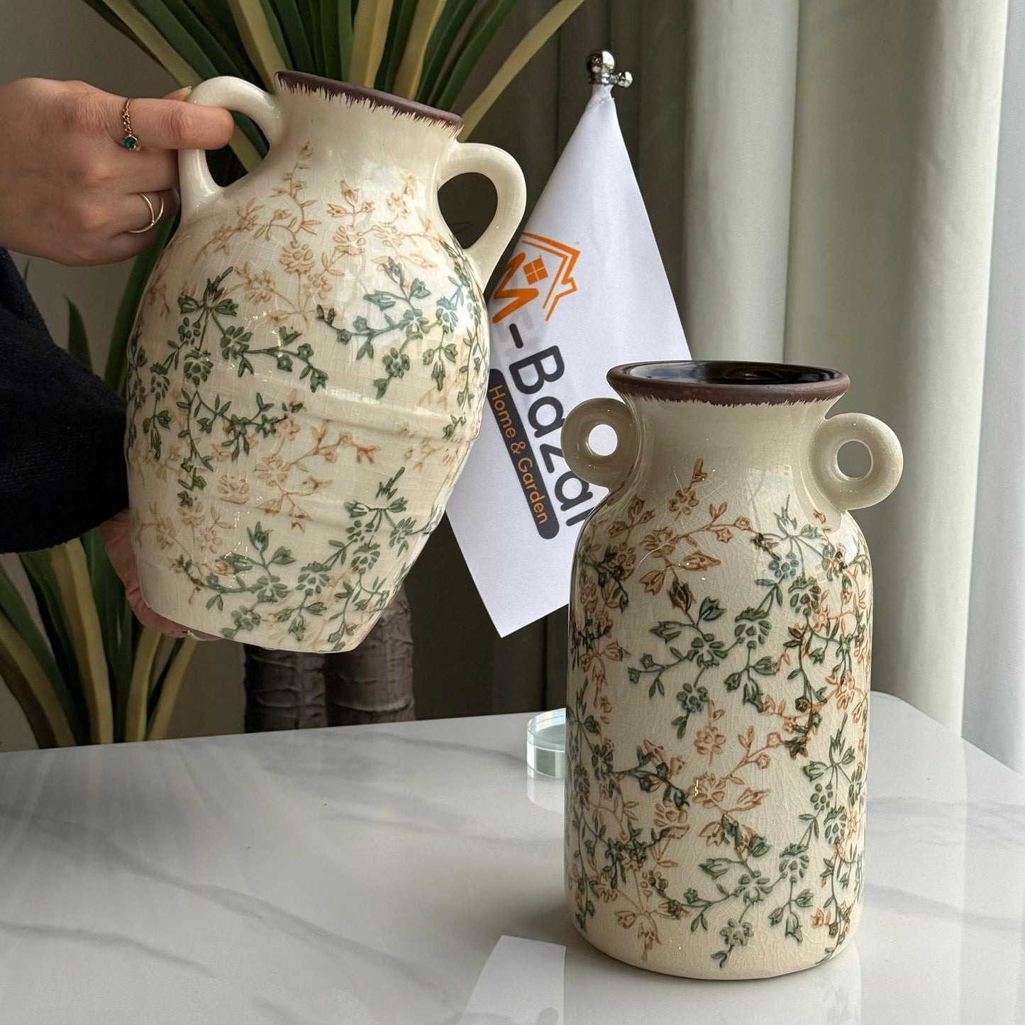 Vintage Floral Ceramic Vase with Dual Handles