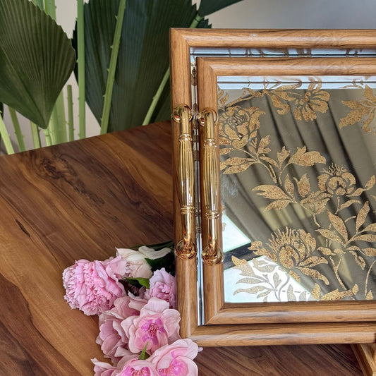 Golden Floral Mirror Tray With Wooden Frame