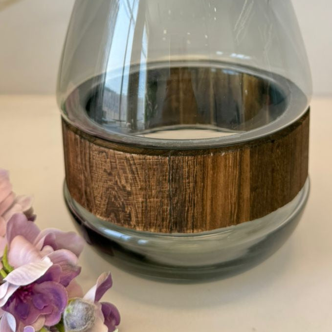 Smoky Teardrop Glass Vase With Decorative Wood Band