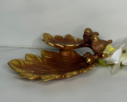 Golden Leaf Tray With Birds Accent
