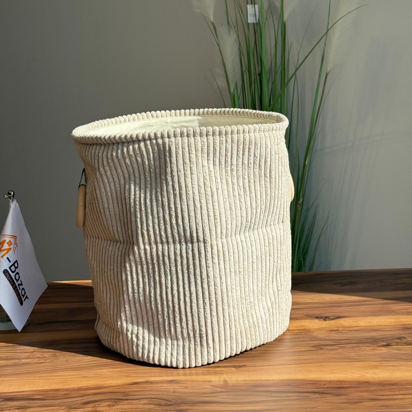 Corduroy Storage Basket with Wooden Ring Handles