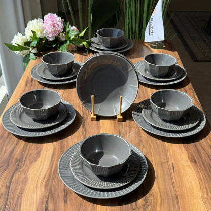 24-Peices Modern Stoneware Dining Set Textured Rim Design
