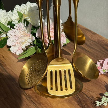 Elegant Gold Stainless Steel Cooking Utensil Set With Stand