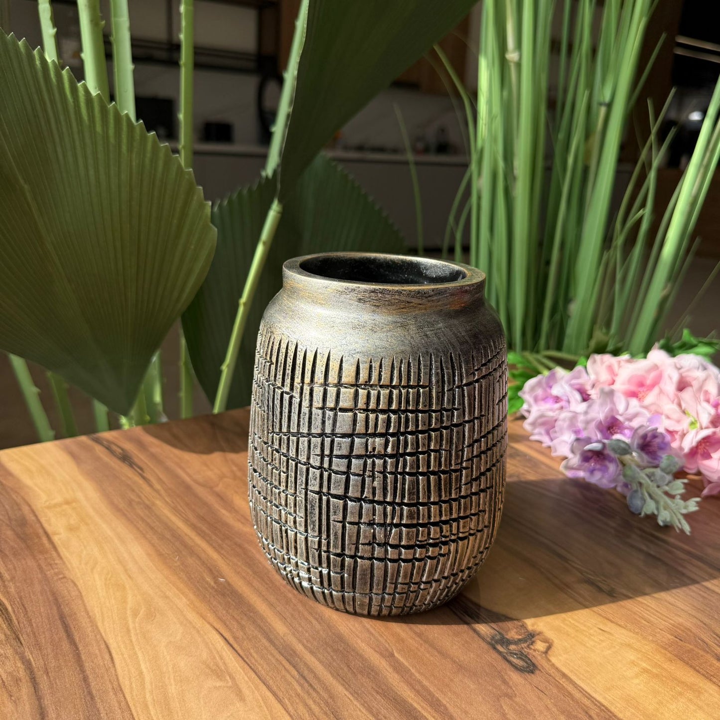 Rustic Grid-Textured Ceramic Vase