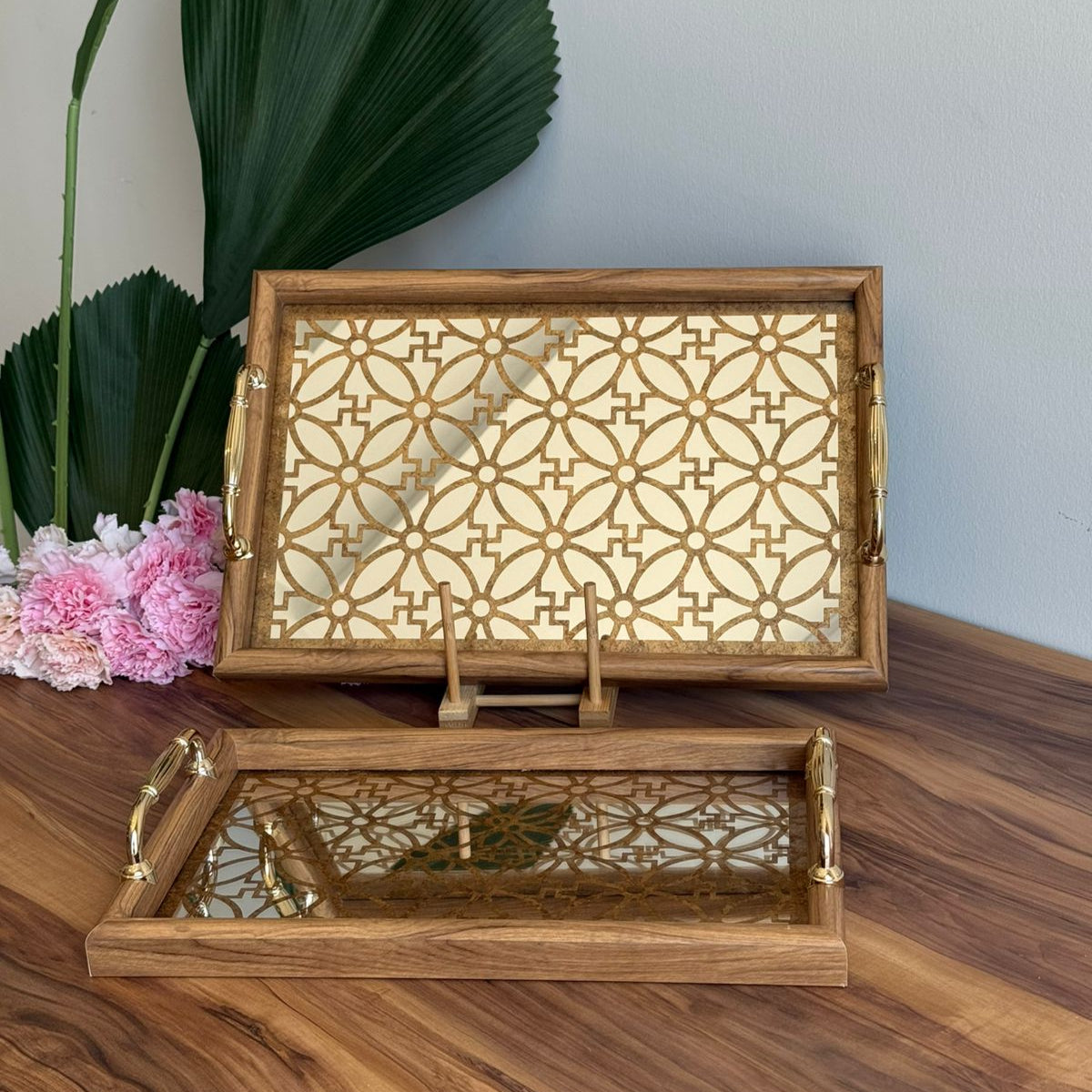 Classic Wooden Frame Mirror Tray With Handles