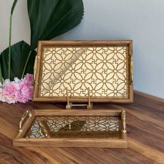 Classic Wooden Frame Mirror Tray With Handles