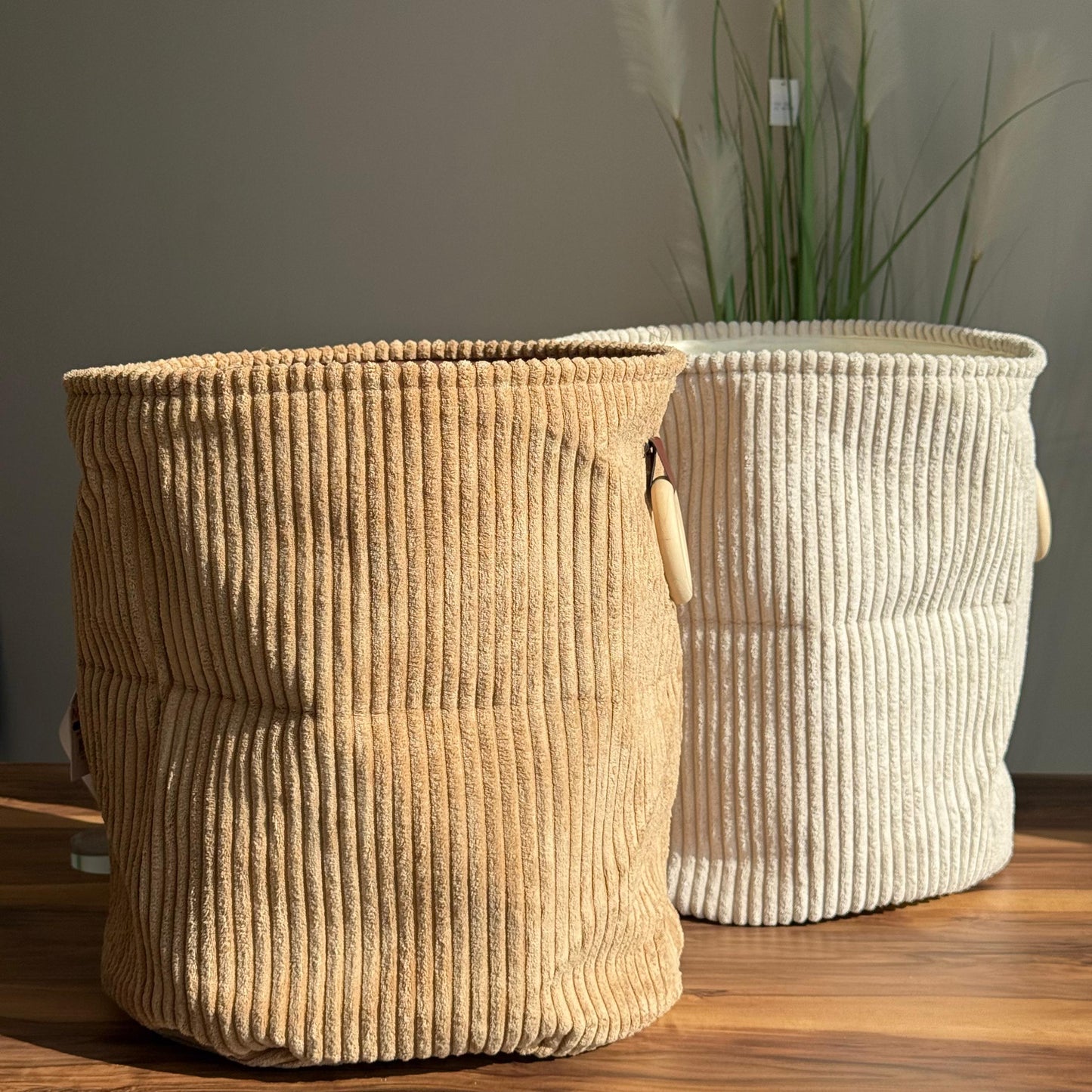 Corduroy Storage Basket with Wooden Ring Handles