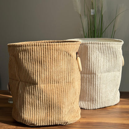 Corduroy Storage Basket with Wooden Ring Handles